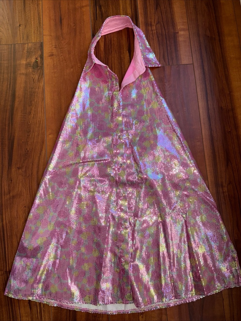 QUEEN OF SPARKLES Pink Iridescent Halter Sequin Mini Dress